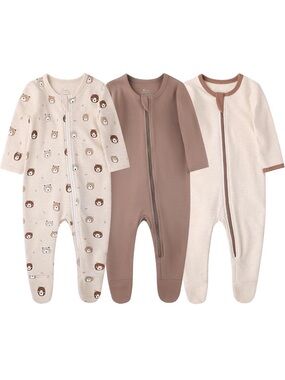 Unisex 100% Organic Cotton 0-3 Mo Zipper Footie One Piece Sleepers Pajamas 3 Ct